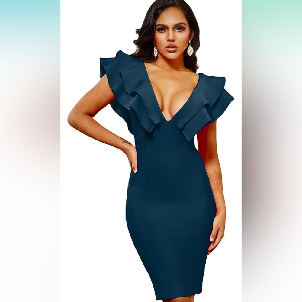 Women's Bandage Club V Neck Ruffle Bodycon Cocktial Party Dress size Medium